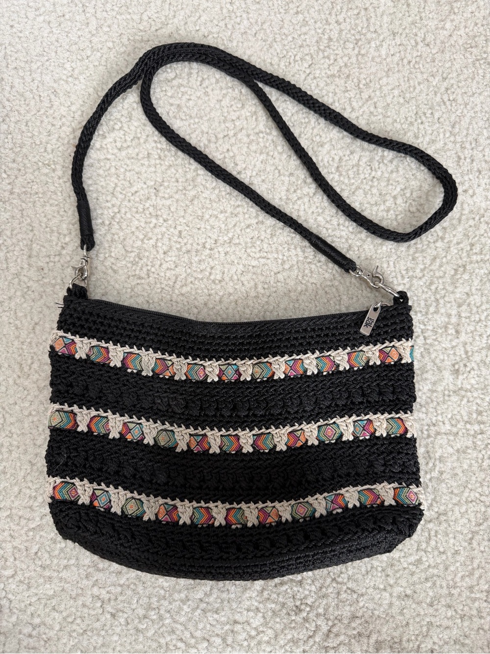 The Sak Crochet Bohemian Black Bag with Multicolor Embroidered Trim
